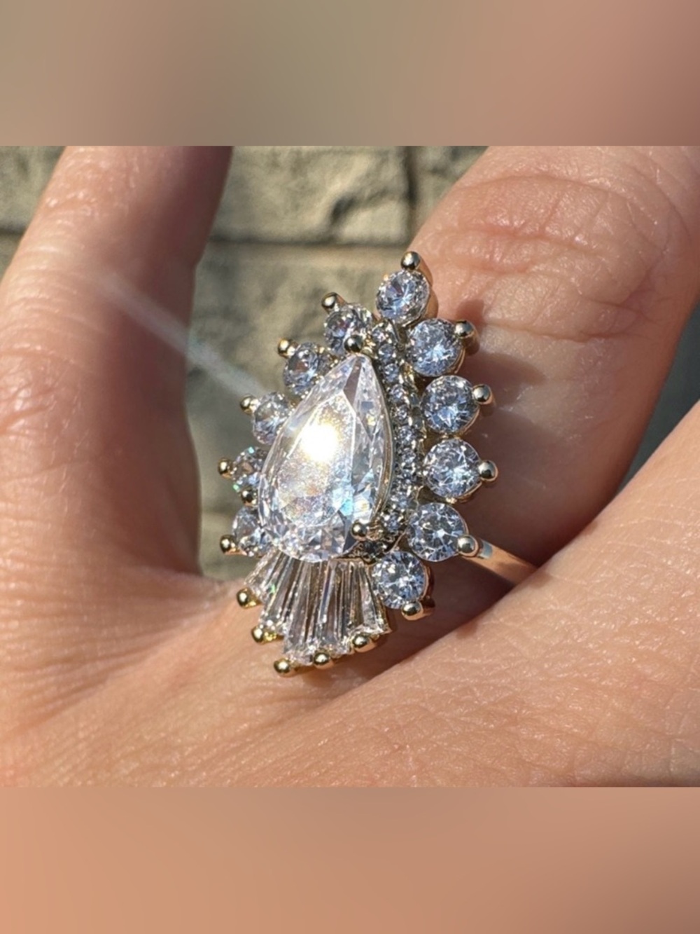 Gold Plated Teardrop Halo Ring baguettes & CZ Size 8 Wedding Engagement